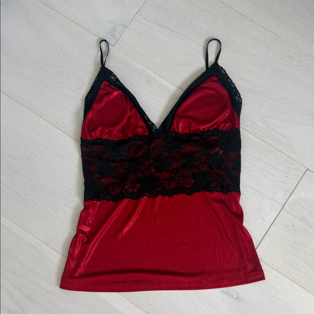 Red Camisole with Black Lace Trim